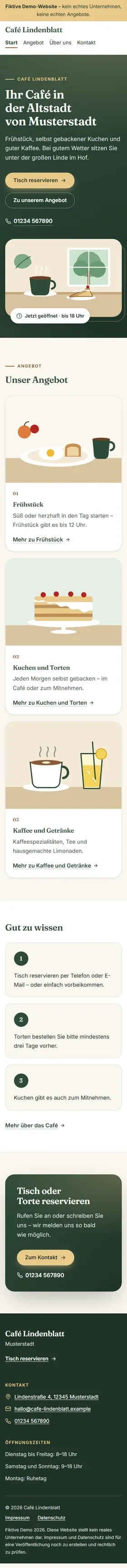 Beispiel-Website eines Cafés in der Ansicht auf dem Handy
